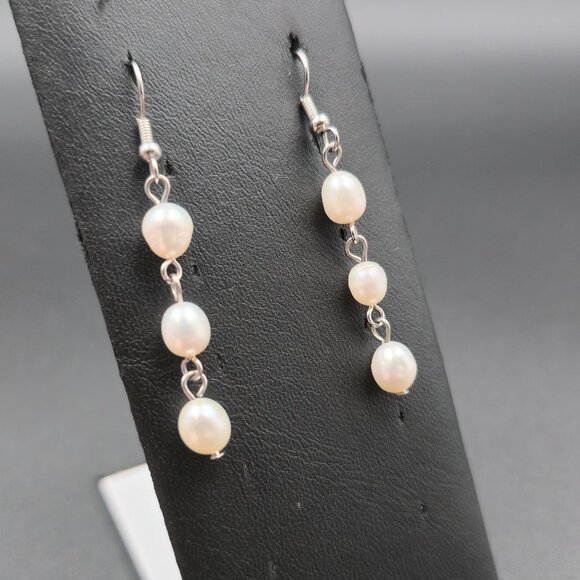 Jewelry - Silver Plated Triple Genuine White Pearl Dangle Earrings A6576